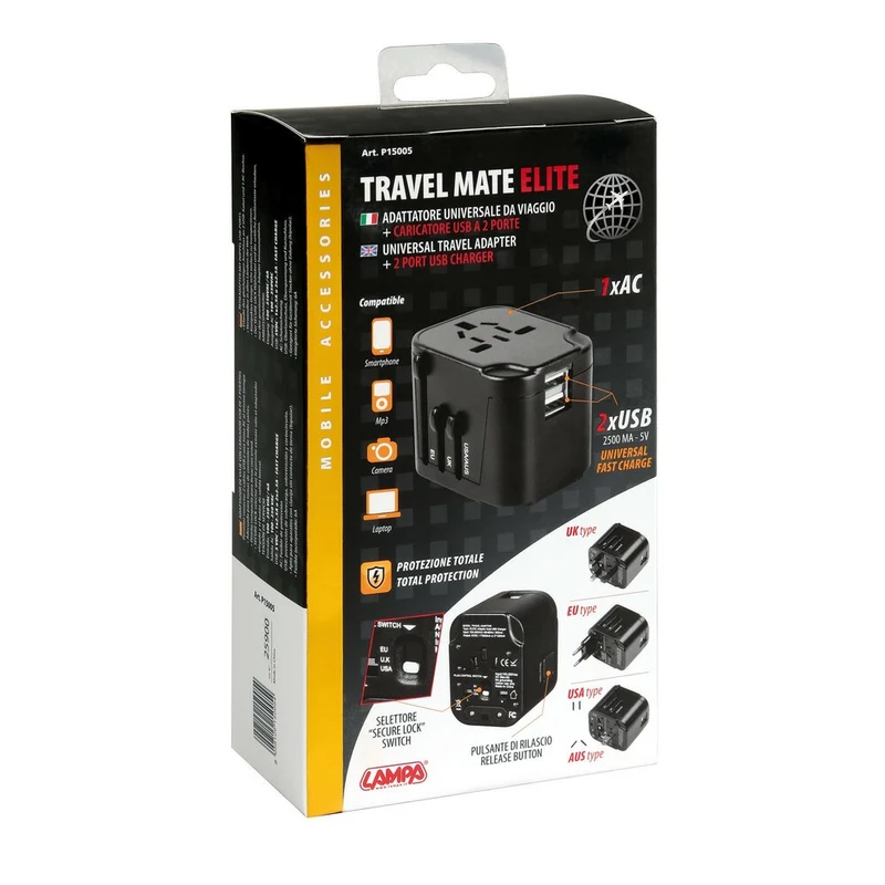 Travel Mate Elite adattatore universale da viaggio + caricatore Usb a 2 porte