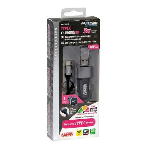 Kit ricarica 2 in 1 Usb Type-C Fast Charge 12/24V
