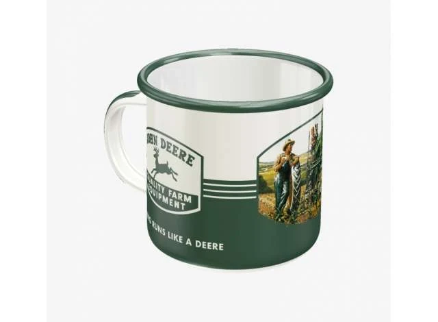 John Deere White Tazza Smaltata Retro Enamel Farm Mug 360ml