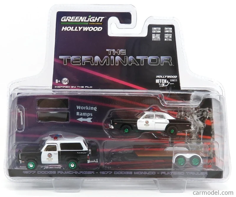 Dodge RAM Charger 1977 with Dodge Monaco 1977 with Flatbeed Car Hauler "Therminator" 1:64
