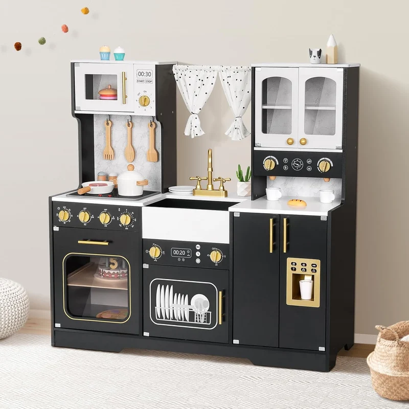 Track Seven Wooden Play Kitchen Set for Kids, Toddler Kitchen Playset with Real Lights & Sounds, Including 14 Pcs Accessories, Gift for Girls and Boys