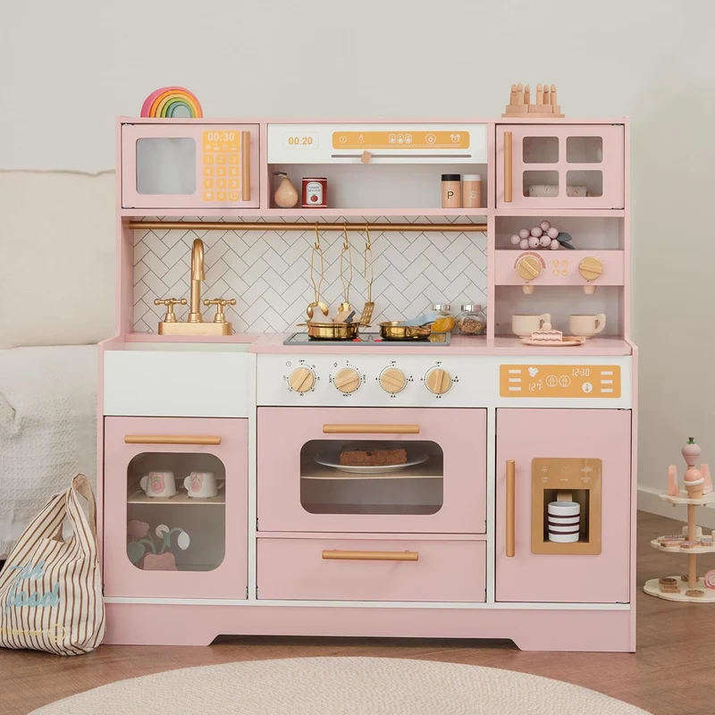 Track Seven Wooden Play Kitchen for Kids– Realistic Appliances, Storage & 15 Fun Accessories for Inspiring Pretend Play (Ages 3+), Pink
