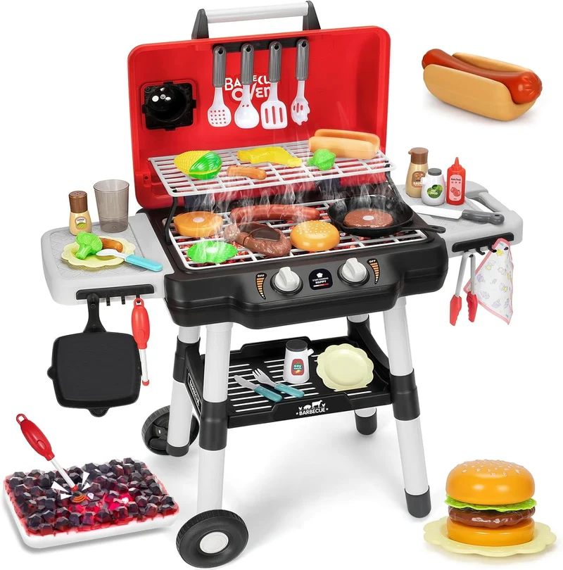 Track Seven Kids Play Kitchen Toys, Kids BBQ Grill Playset with Smoke Sound Light, 2-Layer Barbecue Toy with Wheels, Outdoor Play Food Toys Cooking Set for Toddlers 3-5, Birthday for Boys Girls