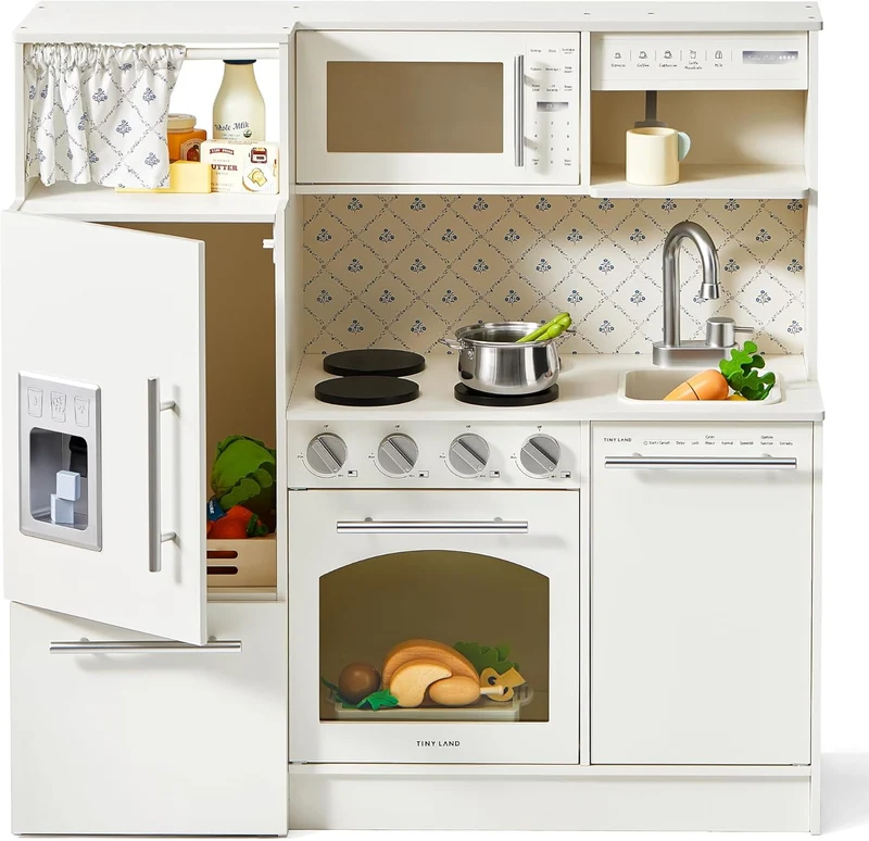 Track Seven Play Kitchen for Kids, Upgraded Wooden Kitchen Toy with Complete Play Areas, Pretend Cooking Set with Sink, Stove, Microwave, Toy Coffee Station & Storage for Kids Ages 3+, White