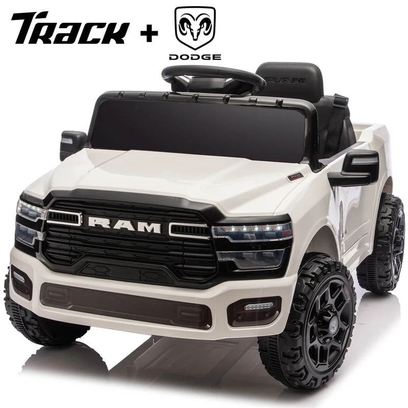 Track Seven 12V Ride on Car, Licensed Dodge RAM 3500 Ride On Truck with Remote Control, Rear Shock Suspension, LED Headlights, Low Battery Alarm, Bluetooth, Music, Ride on Toy for Kids Aged 3+, White