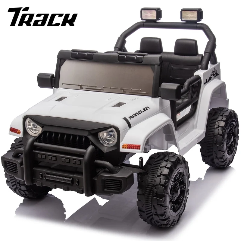 Track Seven 12V Kids Ride on Truck, Electric Car with Remote Control, Off-Road Truck for Boys Girls age 3+, Music, Bluetooth, Spring Suspension with DIY Stickers, White