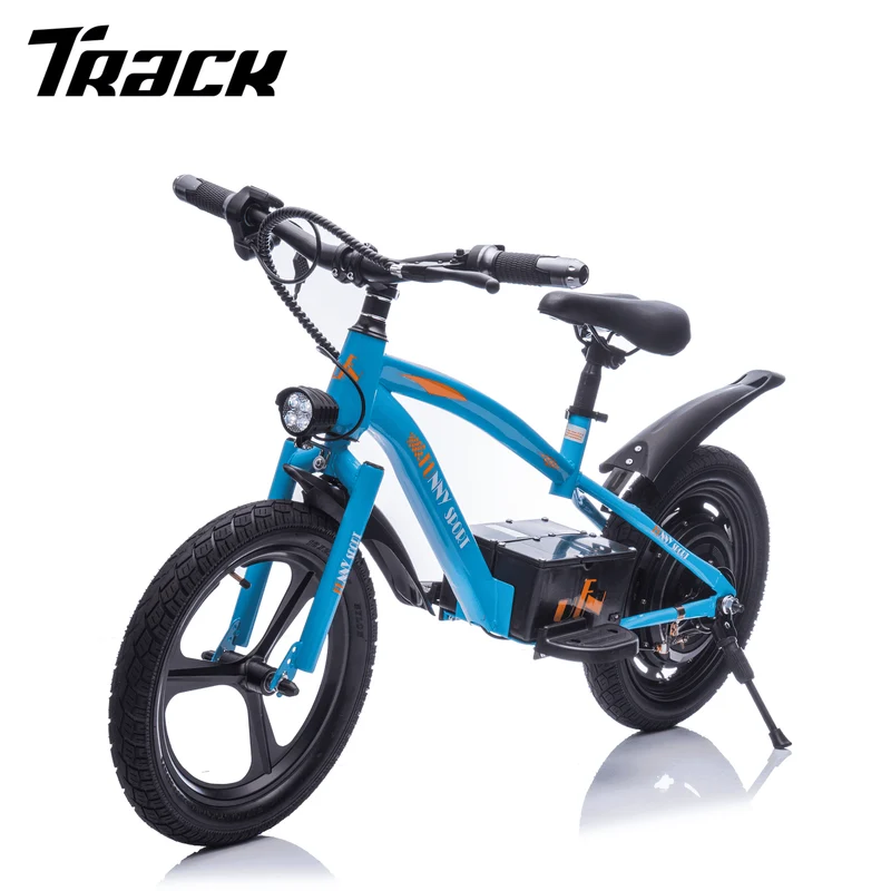 Track Seven 24V Kids Electric Dirt Bike, Ride on Mini Bike, 300W Super Power Motor, Up to 12.43 MPH, 16" Wheels, Adjustable Seat Height, Bright Headlight, Hand-Operated Brakes for Ages 5+, Blue