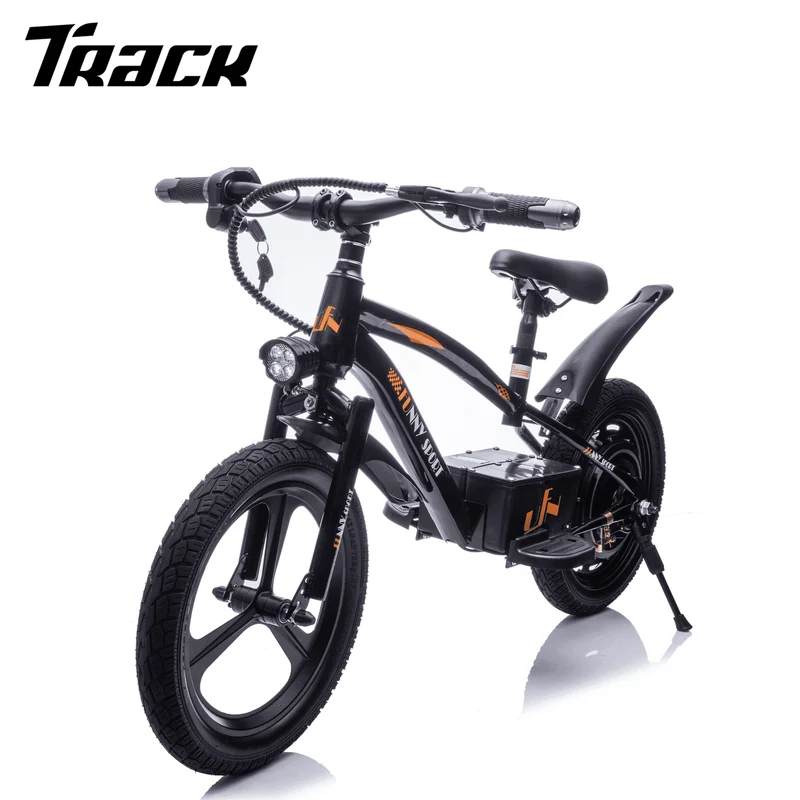 Track Seven 24V Kids Electric Dirt Bike, Ride on Mini Bike, 300W Super Power Motor, Up to 12.43 MPH, 16" Wheels, Adjustable Seat Height, Bright Headlight, Hand-Operated Brakes for Ages 5+, Black