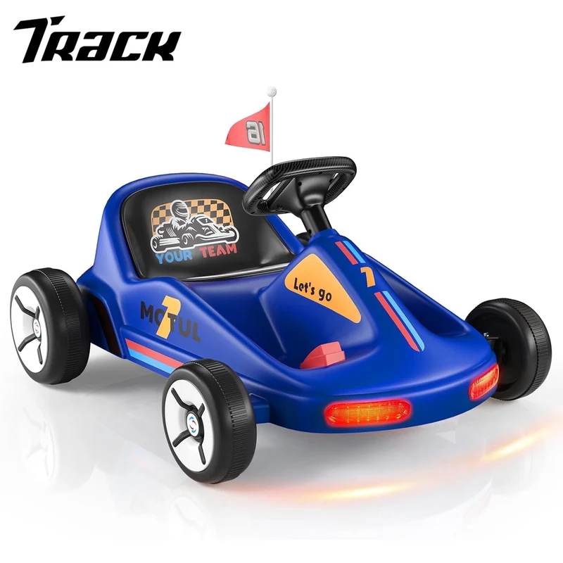 Track Seven 12V Ride on Car, Kids Electric Drifting Go Kart with Remote Control, Flashing Taillight, Bluetooth, Storytelling, Max Speed 3.7 mph, Portable Electric 4-Wheeler Car for Kids Age 3+, Blue