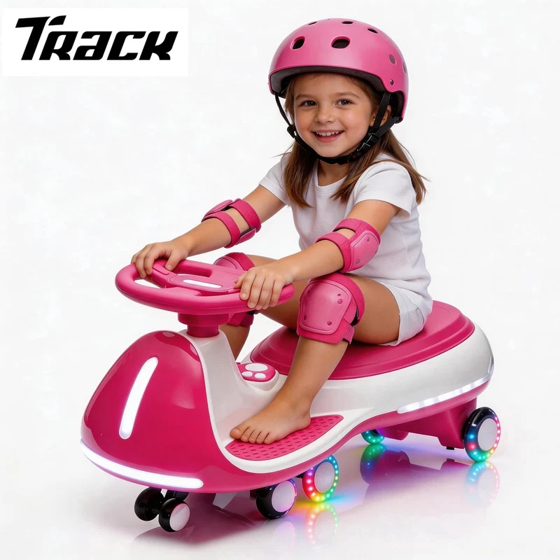 Track Seven 12V Electric Wiggle Car with Pedal, 2 in 1 Swing Car, Bluetooth, LED Lights, Flashing PU Wheels, Max Speed 5 Mph, Anti-Rollover, 12V Ride on Toy Car for Kids Toddlers Aged 3+
