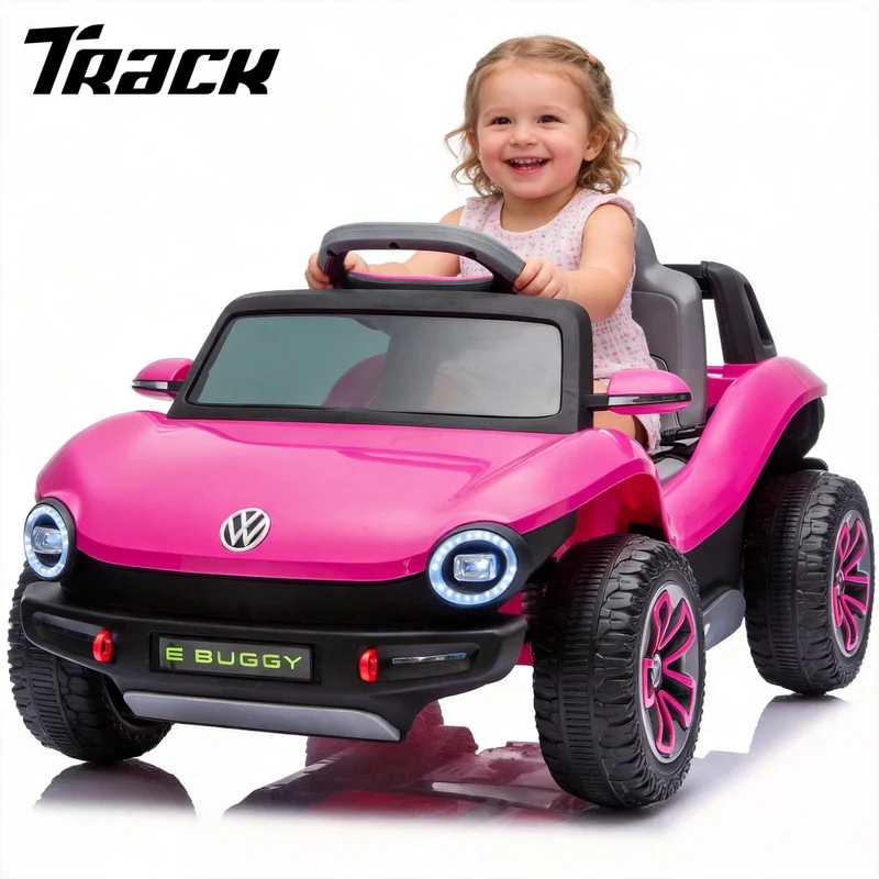Track Seven 12V Ride on Car, Licensed Volkswagen Beetle Kids Electric Car with Remote Control, Bluetooth, USB, Rear Storage, LED Light, 2WD, Electric Ride on Toy Car for Kids Toddlers Aged 3+