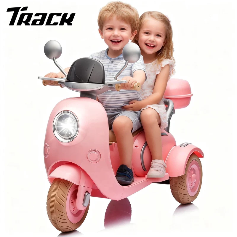 Track Seven 12V Ride on Motorcycle, 2-Seater Electric Motorcycle with Dual Motor, 3 Wheels Motorbike with Bluetooth, LED Lights, Storage Box, Front Hook, Ride on Toy Car for Boys Girls Aged 3+, Pink