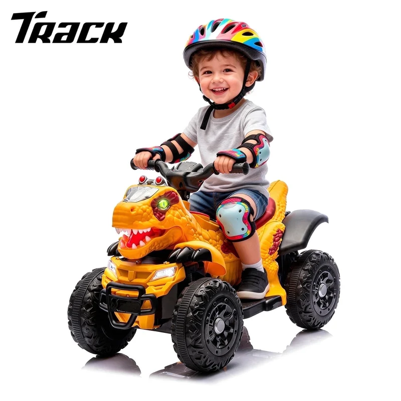 Track Seven 12V Electric Ride-On ATV, Dinosaur Four Wheeler Electric Car with Bluetooth, LED Lights, Music, Electric Quad Ride-On Toy Car for Toddlers Boys Girls Age 2+