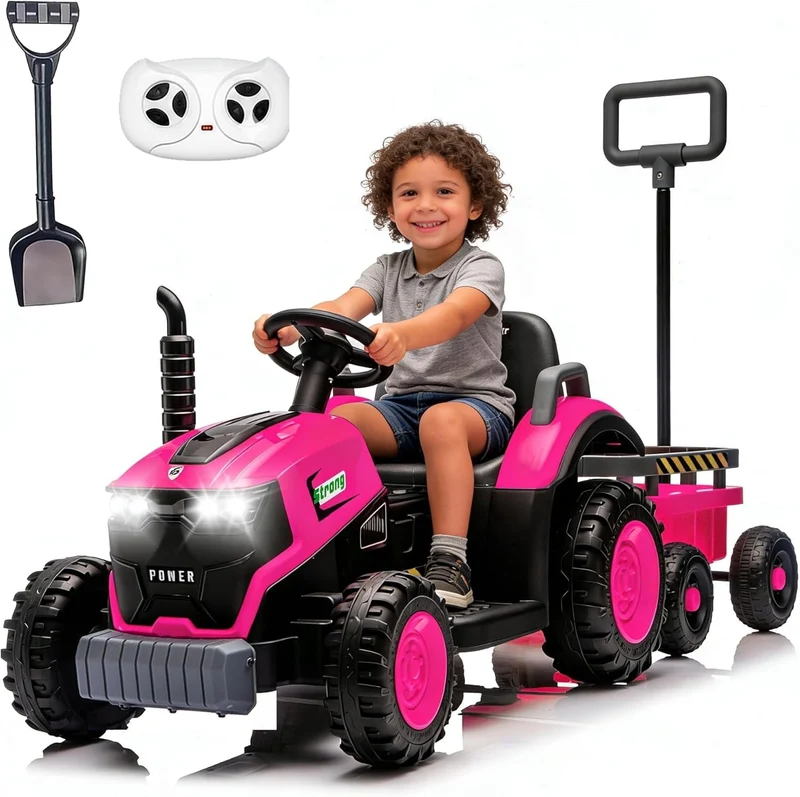 Track Seven 12V Ride on Tractor with Detachable Trailer, Kids' Electric Vehicles with LED Lights, Music, Remote Control Tractor Toy for Boys Girls Aged 3+, 12V Ride on Toys Car for Kids, Pink