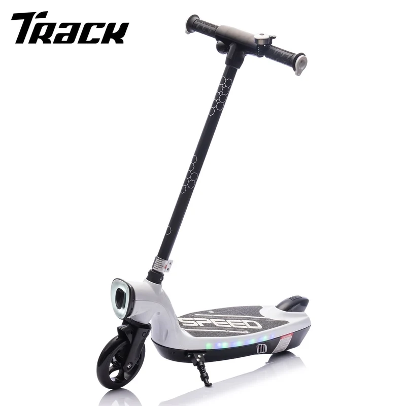 Track Seven 12V Electric Scooter for Kids, 6.5" Wide Pedal, Rear Wheel Brake, Max 6.84MPH, Front Big Light, LED Colorful Lights, Kids Electric Kick Scooters for Teens Boys Girls Aged 6+, White