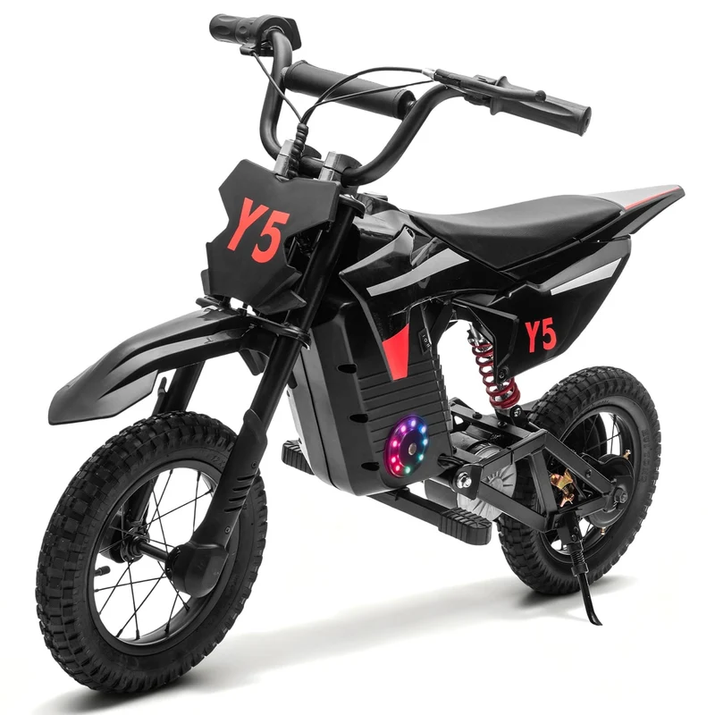 Track Seven 24V Electric Dirt Bike, 250W Ride on Motorcycle, 3 Speed Up-to 9.32 mph, Battery Display, Rear Suspension, Disc Brake, Bluetooth, LED Light, Electric Motocross Bike for Kids Age 8+, Black