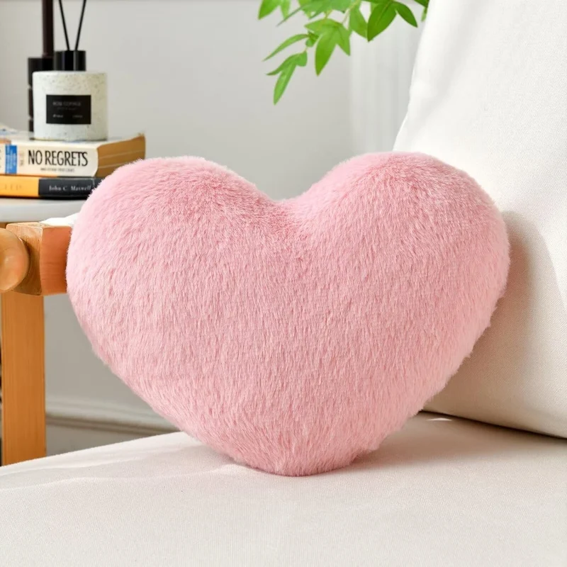 COOKCOK Heart Pillow, Pink Throw Pillows for Bed Couch, 20" x 15" Cute Faux Rabbit Fur Medium Pillow for Women Valentine Anniversary Fall Halloween Christmas Home Decor