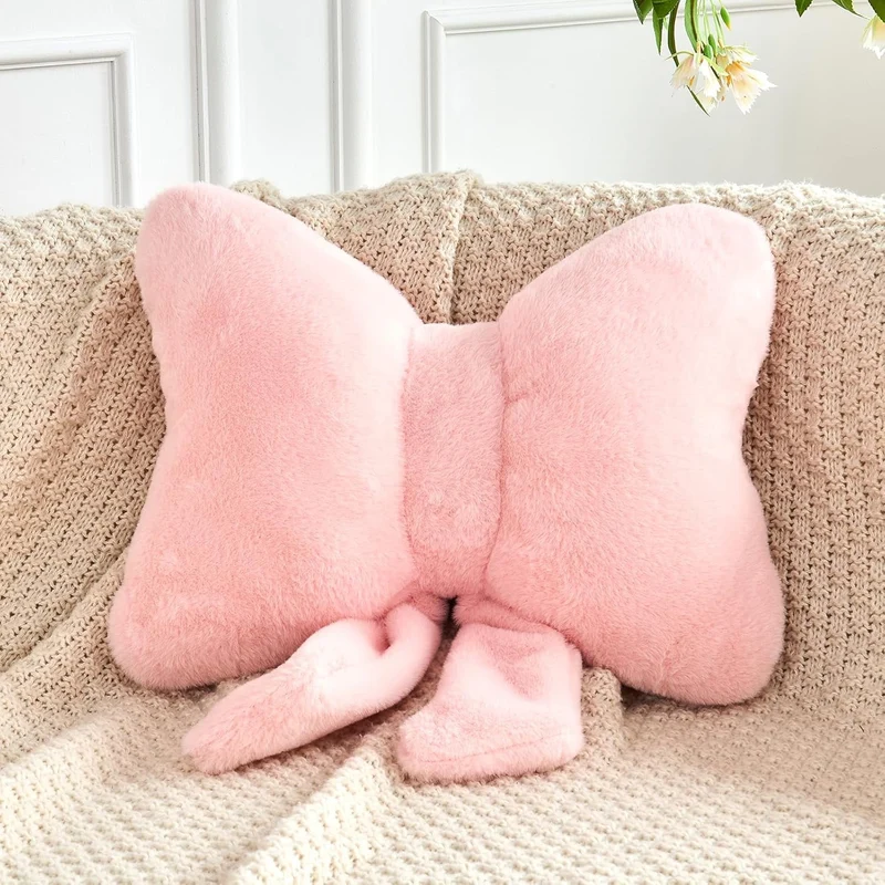 COOKCOK Bow Pillow, Soft Bow Decorative Throw Pillows with Faux Rabbit Fur, Cute 16" Bow Throw Pillows for Home Decor, Plush Pillow for Bedroom Sofa Couch, Pink