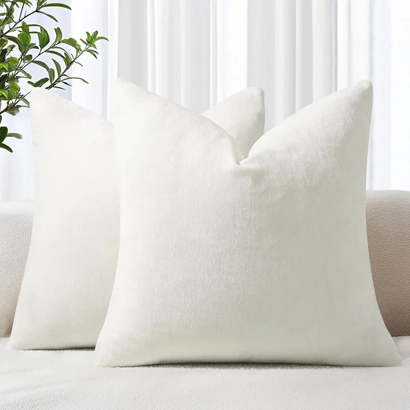 COOKCOK Chenille Black Throw Pillow Covers 18x18 Inch Set of 2, Decorative Soft Couch Pillow Covers Solid Dyed Accent Farmhouse Neutral Square Pillow Cases for Sofa Bed Living Room, Cream White