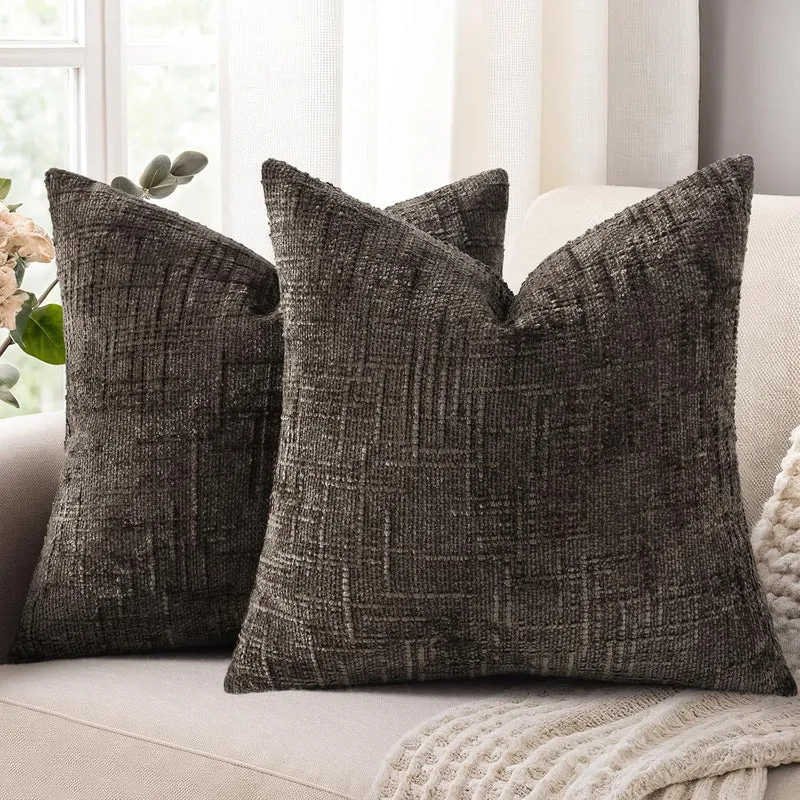 COOKCOK Chenille Throw Pillow Covers 18x18 Set of 2 Thick Textured Slubby Couch Pillow Covers Farmhouse Accent Modern Neutral Decorative Pillow Cases for Bed Sofa Living Room, Chocolate