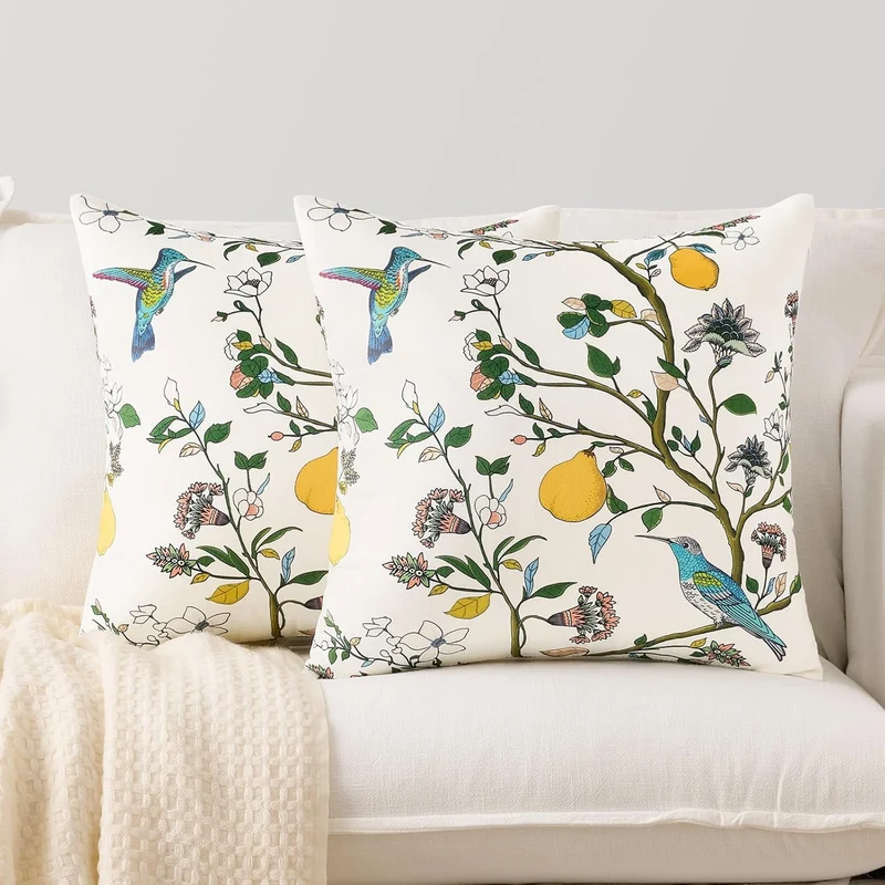 COOKCOK White Floral Pillow Covers 18x18 Set of 2, Velvet Wild Flower Plant Throw Pillows Case, Square Farmhouse Decor Cushion Covers for Home Sofa Bed Couch