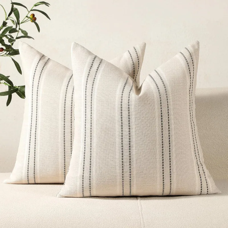COOKCOK Throw Pillow Covers 20x20 Set of 2 Striped Pillow Covers Textured Linen Decorative Pillows Square Cushion Covers for Sofa Couch Bed Living Room Farmhouse Decor, Grey