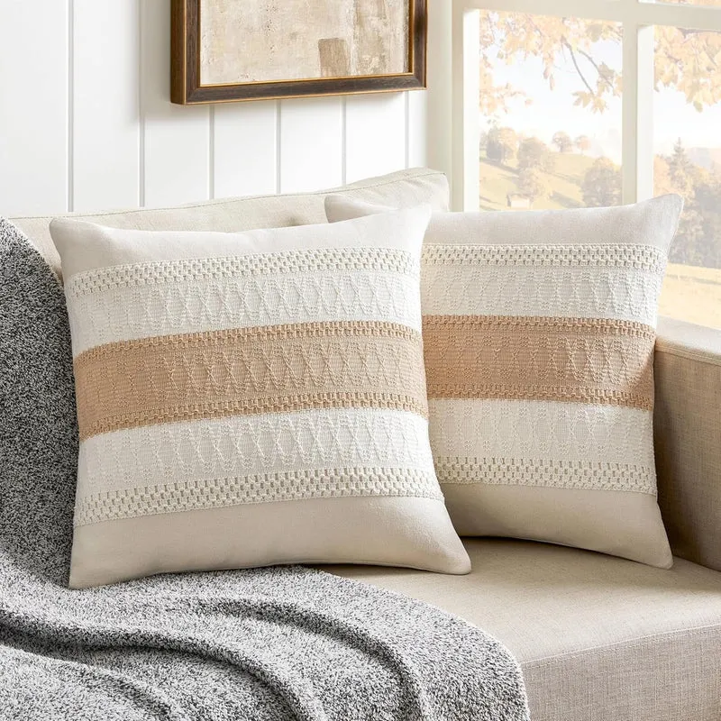 COOKCOK 2 Packs Cotton Boho Christmas Pillow Covers 18x18 Inch Contrast Beige, Soft Farmhouse Decorative Couch Pillow Cases Beige Cushion Covers for Sofa Bed Living Room Home Decor