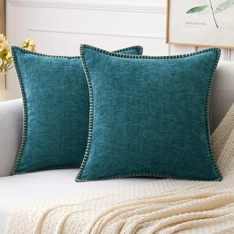 COOKCOK Pack of 2 Christmas Pillow Covers 18x18 Inch Dark Teal Farmhouse Decorative Throw Pillow Covers with Stitched Edge Soft Chenille Solid Dyed Couch Pillow Covers for Sofa Bed Living Room