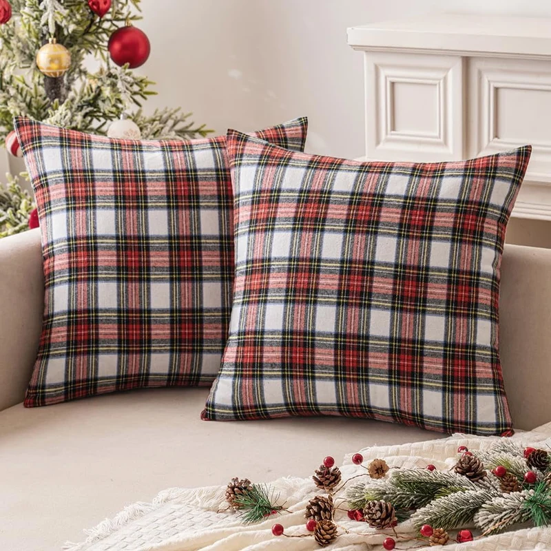 COOKCOK Christmas Set of 2 Scottish Tartan Plaid Throw Pillow Covers Farmhouse Classic Decorative Outdoor Square Cushion Cases for Decor Sofa Couch 18x18 Inch, Orange