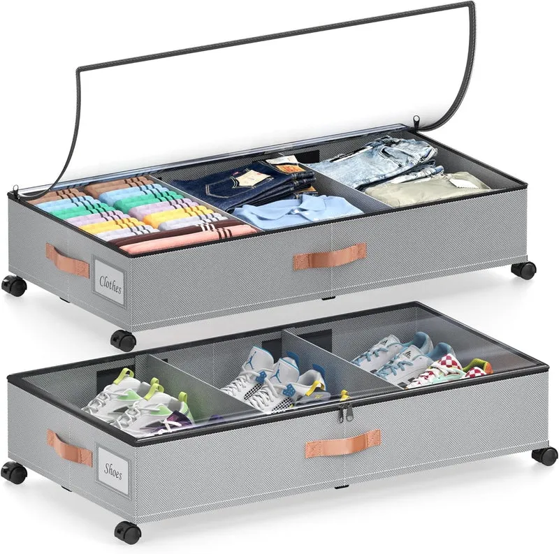 COOKCOK Under Bed Storage with Wheels, 2 Pack Under Bed Storage Containers with Dividers & Clear Lids, Under the bed storage Organizer Bins, Underbed Storage for Clothes, Toys, Shoes, Grey