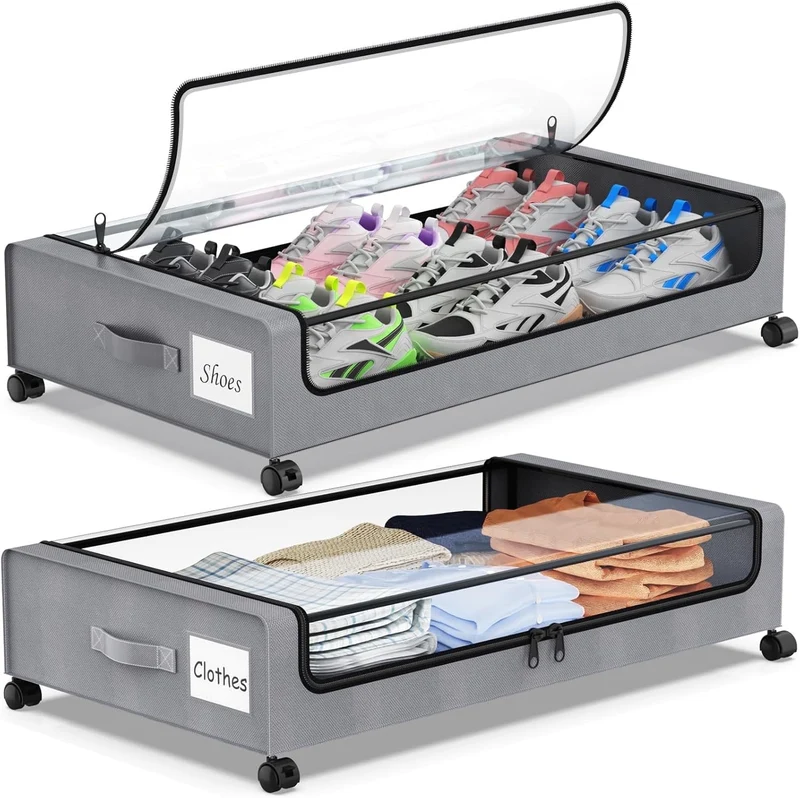 COOKCOK Under Bed Storage with Wheels, 2-Pack Underbed Storage Containers with Clear Lids & Label, Rolling Under the Bed Storage Bins, Rolling Metal Drawer for Clothes, Shoes, Toys, Books, Grey