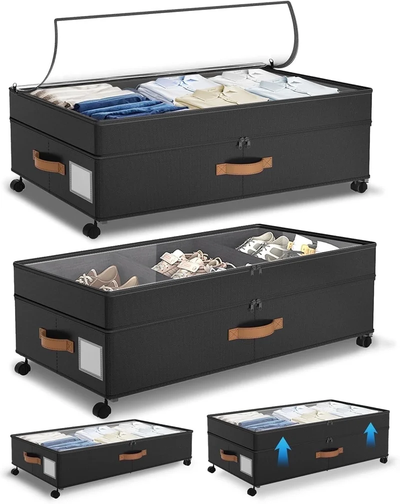 COOKCOK Under Bed Storage with Wheels, 72L XXL Under the Bed Storage Containers Large, 11‘’ Tall Adjustable Storage for Underbed with Lids, Rolling for Shoes, Clothes, Blankets, Black
