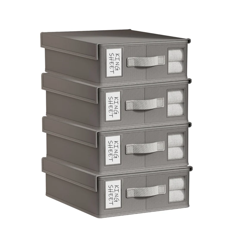 COOKCOK 4 Pack Bed Sheet Organizers and Storage, Foldable Sheet Organizer for Linen Closet, Sheets Set Folder Keeper with Window XL (Queen & King Size) Organizing Bedding Container, Grey