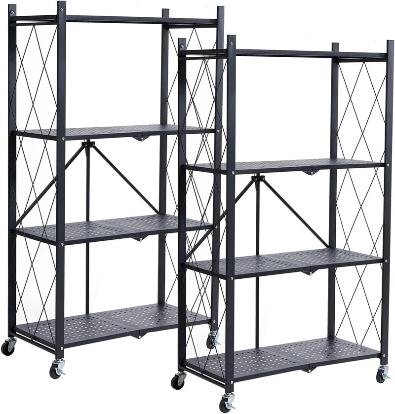 COOKCOK 4-Tier Storage Shelves, Foldable Shelving Units with Wheels, 27.9"x13.4"x 47.8", Freestanding Wire Shelf Rack with Hooks, No Assembly Organizer Rack for Garage Kitchen, Black (Pack of 2)