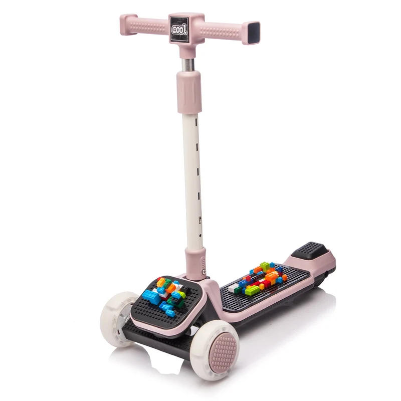 Track Seven Kids Ride On 3-Wheel Scooter W/Buildable Blocks, PU Flashing Wheels, 5-Position Height Adjustable, Folding Kick Scooter for Kids Aged 3+, Purple