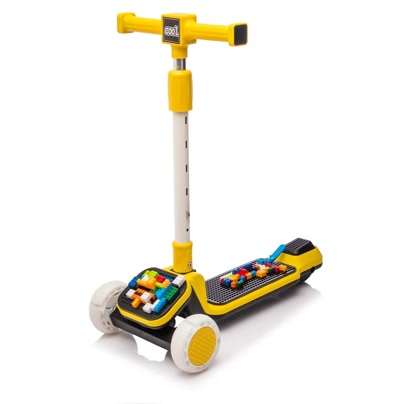 Track Seven Kids Ride On 3-Wheel Scooter W/Buildable Blocks, PU Flashing Wheels, 5-Position Height Adjustable, Folding Kick Scooter for Kids Aged 3+, Yellow