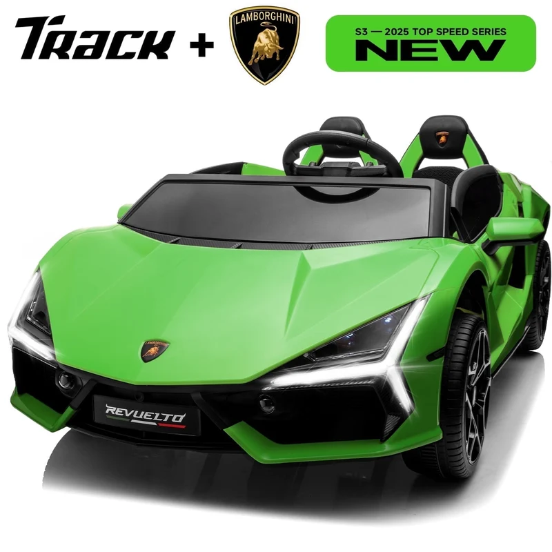 Track Seven 24V 2-Seater Ride on Car, Licensed Lamborghini Revuelto Electric Car with Remote Control, Music, LED Lights, Key Start, Spring Suspension, Max Speed 4.3mph, 24V Ride on Toy Car, Green