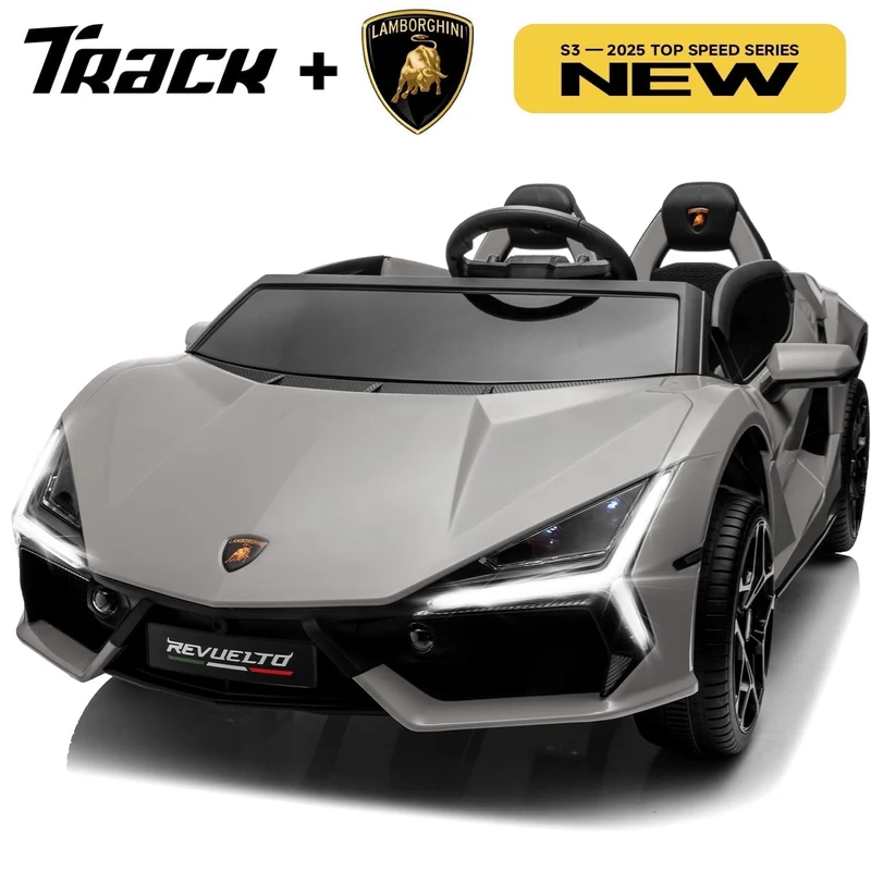 Track Seven 24V 2-Seater Ride on Car, Licensed Lamborghini Revuelto Electric Car with Remote Control, Music, LED Lights, Key Start, Spring Suspension, Max Speed 4.3mph, 24V Ride on Toy Car, Grey