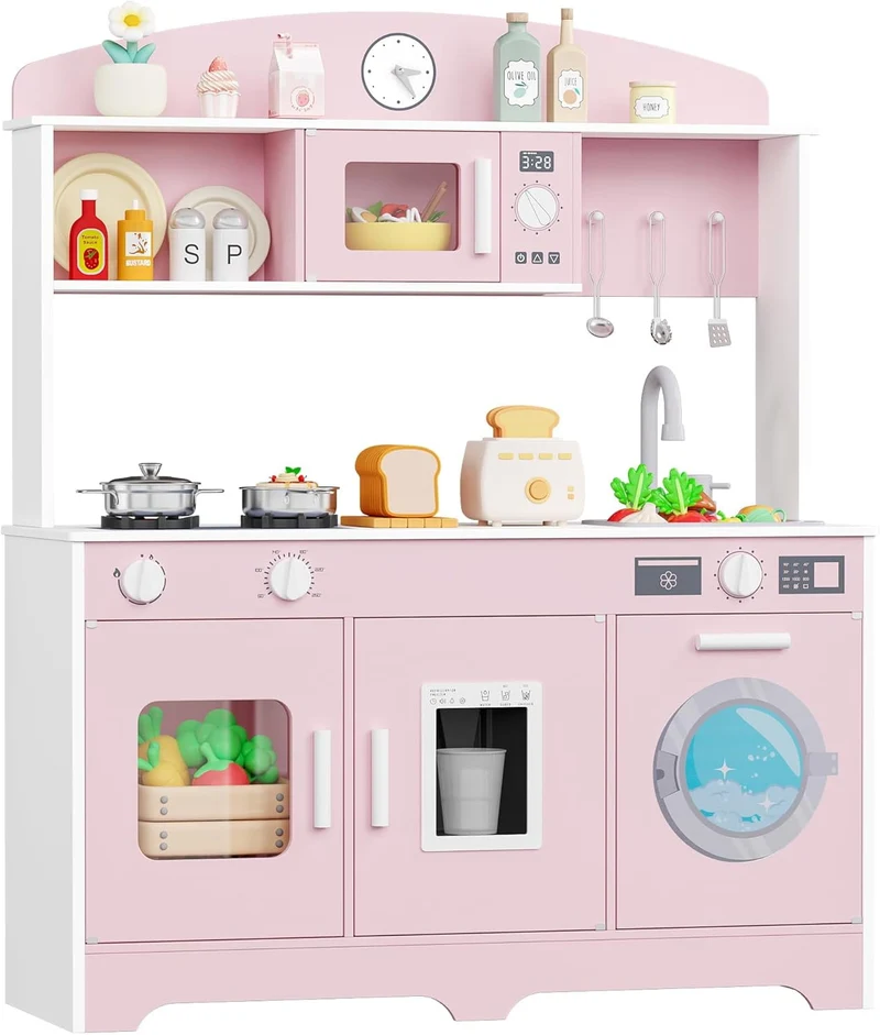 Track Seven Play Kitchen for Kids, Wooden Kids Kitchen Playset with Storage and Realistic Details, Pretend Play Kitchen Set with Ice Maker, Clicking Knobs, Sink, Washing Machine For Toddlers Ages 3+
