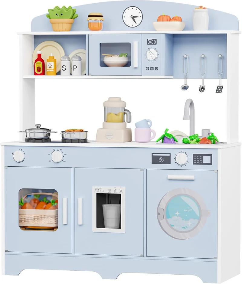Track Seven Play Kitchen for Kids, Wooden Kids Kitchen Playset with Storage and Realistic Details, Pretend Play Kitchen Set with Ice Maker, Clicking Knobs, Sink, Washing Machine For Toddlers Ages 3+