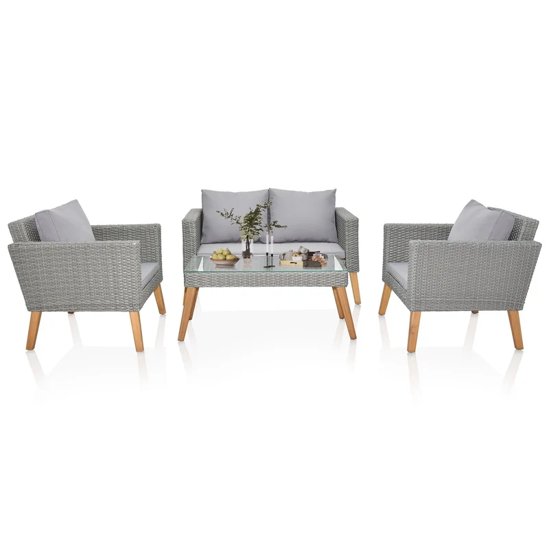 COOKCOK Patio Furniture Set, 4 Piece Garden Conversation Set, Outdoor Patio Loveseats with Resin Rattan Table for Porch, Poolside, Gray