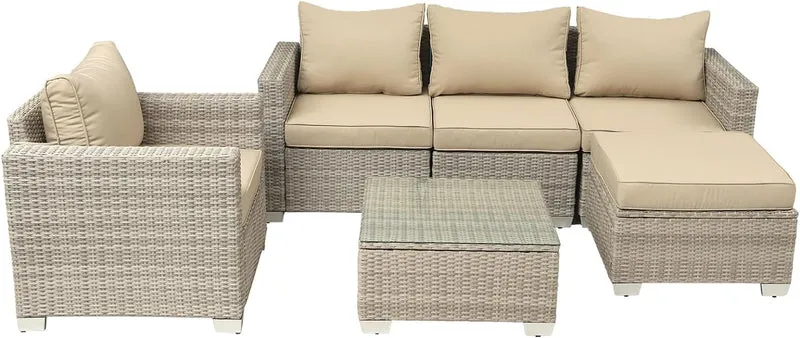 COOKCOK 6-Piece Patio Wicker Furniture Set, Sofa Couch Conversation Set with Ottoman & Glass Top Coffee Table for Garden, Beige