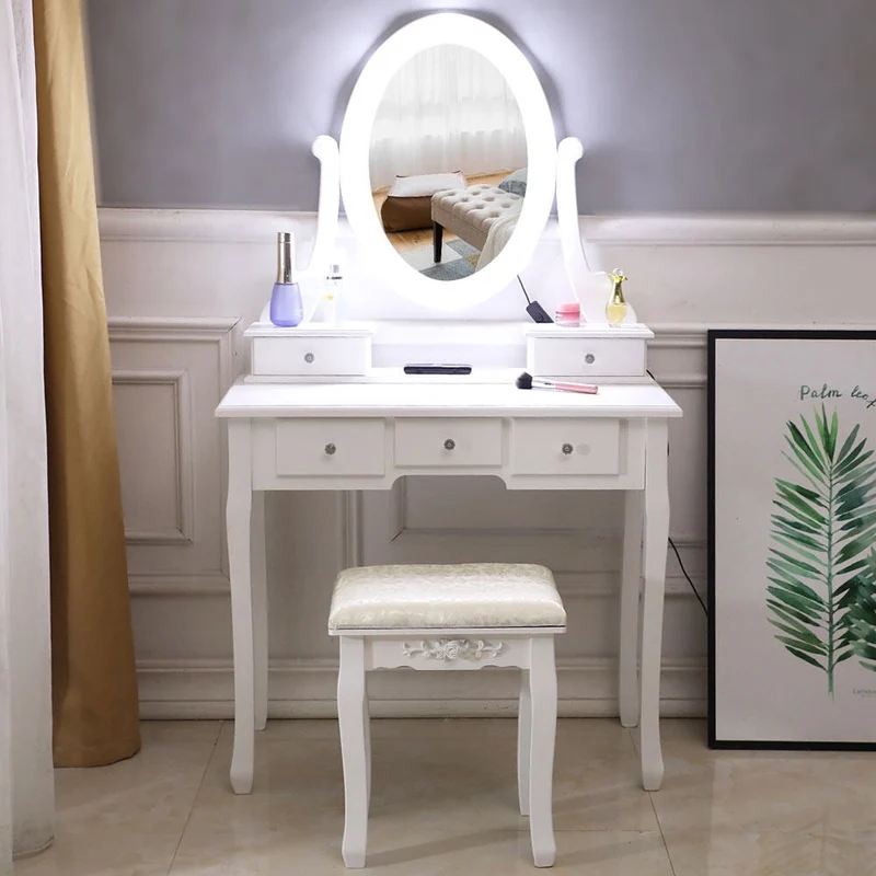 COOKCOK Vanity Set with Lighted Mirror, Vanity Dressing Table, 5 Drawer with 2 Dividers Removable Organizer, Makeup Table and Cushioned Stool Set with 10 LED Bulb, White