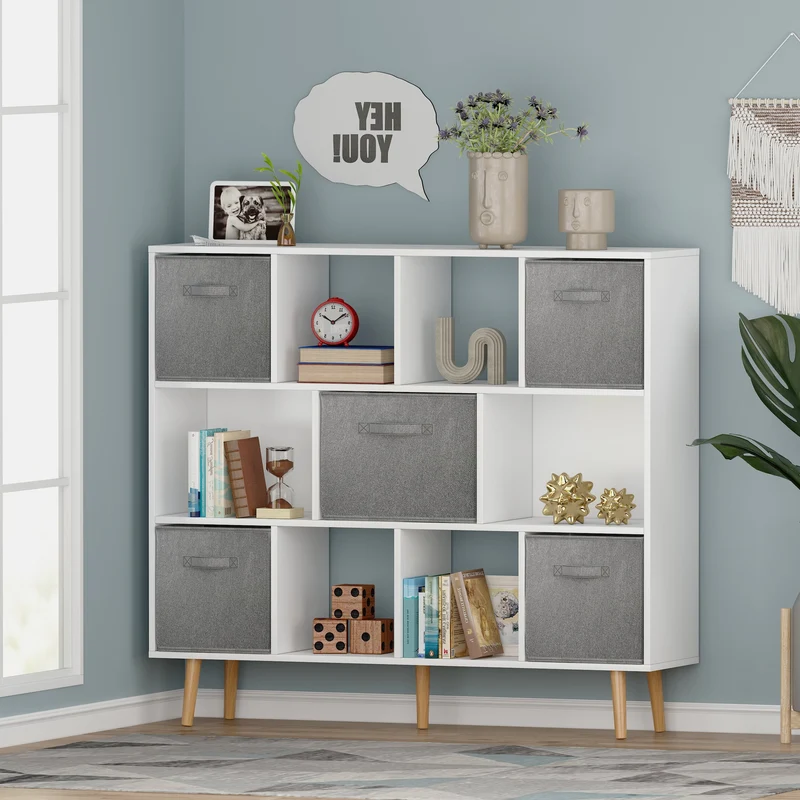 COOKCOK 11-Cube Storage Organizer, Bookshelf with Storage Bins, 4 Tier Freestanding Open Bookshelf with 5 Nonwoven Fabric Drawers,White