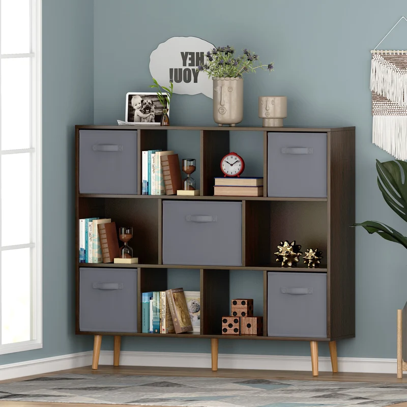COOKCOK 11-Cube Storage Organizer, Bookshelf with Storage Bins, 4 Tier Freestanding Open Bookshelf with 5 Nonwoven Fabric Drawers,Brown