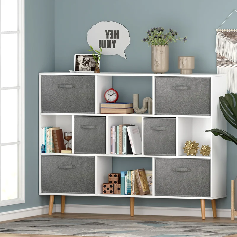 COOKCOK 11-Cube Storage Organizer, Bookshelf with Storage Bins, 4 Tier Freestanding Open Bookshelf with 6 Nonwoven Fabric Drawers,White