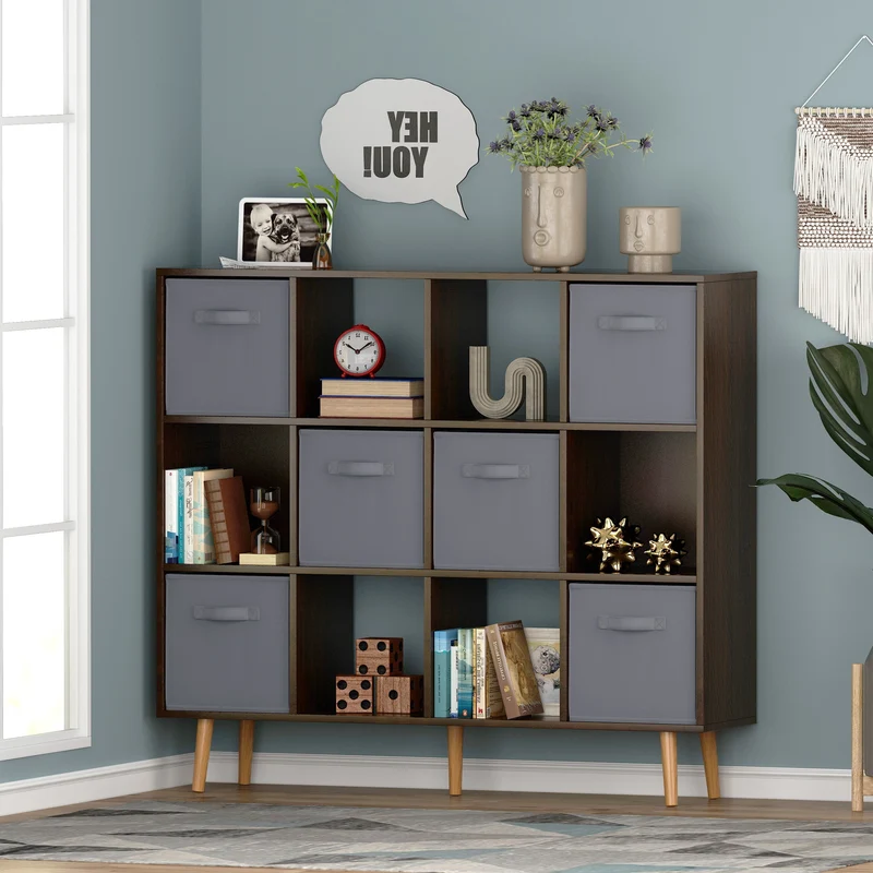 COOKCOK 12-Cube Storage Organizer, Bookshelf with Storage Bins, 4 Tier Freestanding Open Bookshelf with 6 Nonwoven Fabric Drawers,Brown