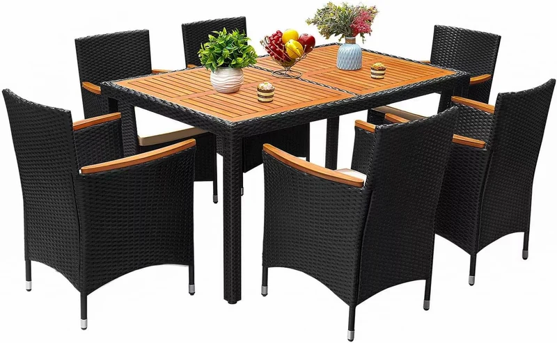 COOKCOK 7 Piece Patio Dining Set, Outdoor Acacia Wood Table & Chairs with Soft Cushion, Garden, Black