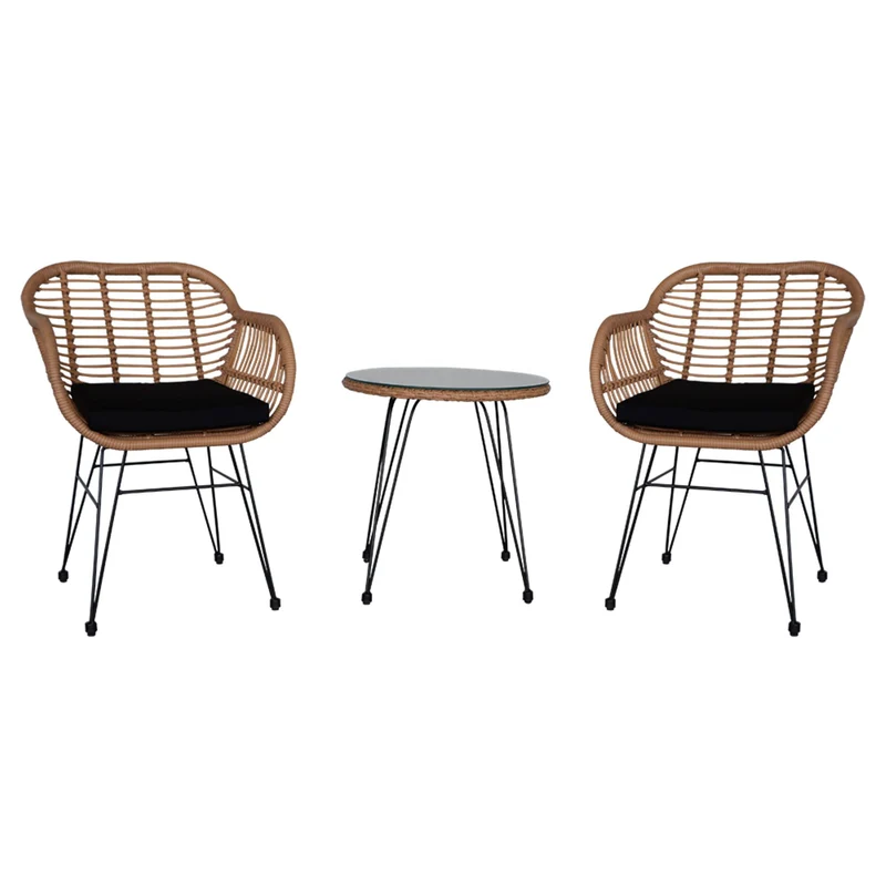 COOKCOK 3 Pcs Wicker Rattan Patio Conversation Set, Handmade Set with Cushions, for Backyard, Yellow