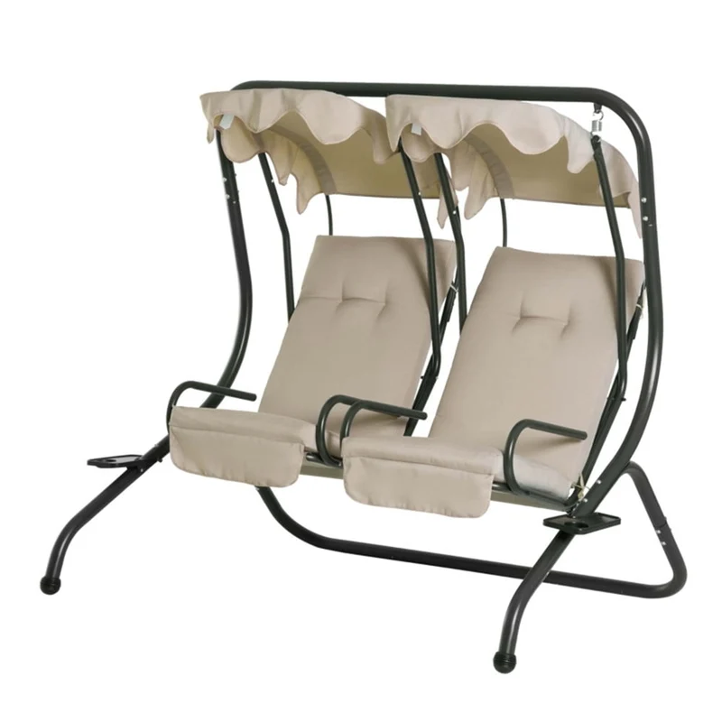 COOKCOK 2-Seat Porch Swing with Stand, Outdoor Swing Glider with Removable Canopy and Cup Holders for Porch, Garden, Backyard, 480 lbs Capacity, Beige